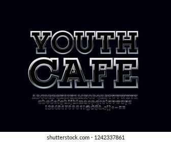 Silver Logo with text Youth Cafe. Vector set of chrome Alphabet Letters, Numbers and Symbols. Metallic dark Font.