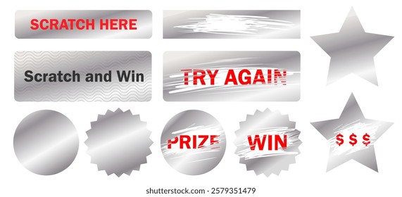 Silver lottery scratch cards featuring a metallic protective layer that can be erased. These gambling tickets showcase a scraping texture effect, designed as instant-win coupons. vector-based promotio