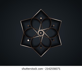 Silver lotus flower mandala, Seed of life symbol Sacred Geometry. Logo icon  Geometric mystic mandala of alchemy esoteric Flower. Vector gold metal line art divine meditative amulet isolated on black