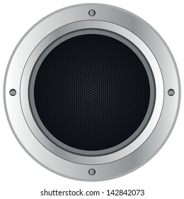 silver loudspeaker on a white background with wave