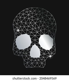 Silver low poly geometric skull isolated over black, Halloween holiday design element vector illustration.