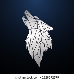 Silver Low Poly Wolf Head. Wild Wolf in geometric style. Silver animal emblem. Howling wolf. Stock vector illustration.