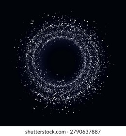 Silver luminous ring of sparkling particles forming circular glitter halo on dark background, perfect for luxury, festive or cosmic design concepts, abstract night sky vector illustration