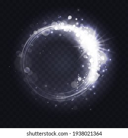 Silver luminous spark ring, abstract light frame effect vector illustration. Magic glowing round swirl lines with sparkling glitter particles, platinum flare lens shimmer transparent dark background