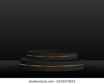 silver luxury 3d pedestal on black background, silver pedestal circular box for cosmetic product display, black podium show for luxury victory position, product placement ellipse pedestal.