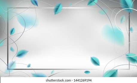 Silver luxury abstract background with blue leaves and ornate frame elegant decoration vector design