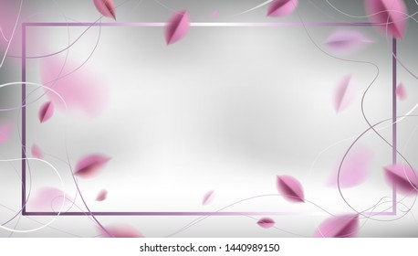 Silver luxury abstract background with flying pink leaves and metal frame elegant decoration vector design