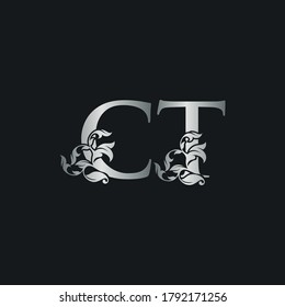 Silver Luxury C and T, CT Letter Initial Logo Icon, Monogram Floral Leaf   Logo Template Design.