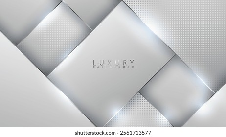 Silver luxury diagonal layered background for vip invitation card or flyer. Shiny stainless steel line edges with light flares. Metallic gray premium pattern design vector metal material banner