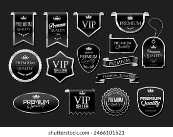 Silver luxury labels and badges silver premium quality certificate ribbons vector illustration 