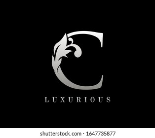 Silver Luxury Letter C . Graceful royal style. Calligraphic beautiful logo. Vintage drawn emblem for book design, weeding card, brand name, business card, Restaurant, Boutique, Hotel. 