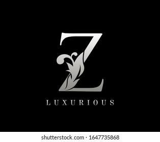 Silver Luxury Letter Z . Graceful royal style. Calligraphic beautiful logo. Vintage drawn emblem for book design, weeding card, brand name, business card, Restaurant, Boutique, Hotel. 