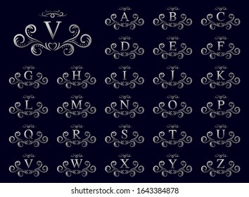 Silver luxury letter A to Z on blue background, vector illustration