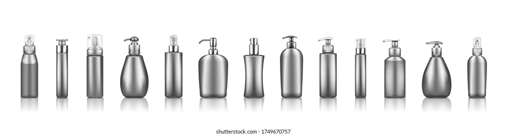 Mochilas de botellas de bomba de lujo de plata: suero, hidratante, loción, jabón, crema, desinfectante. Diseño de paquetes de plástico. Plantilla cosmética, higiénica, de cuidado de la piel. Conjunto de ilustraciones vectoriales realistas en 3d aisladas