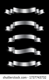 Silver luxury ribbons set. Vector design elements isolated on black background