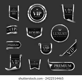 Etiquetas y banners VIP de lujo plateado, cintas o insignias y stickers vectoriales de calidad superior. Etiquetas de certificado VIP y emblemas exclusivos de color negro plateado o etiquetas de calidad superior con corona y estrellas