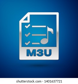 Silver M3U file document icon. Download m3u button icon isolated on blue background. M3U file symbol. Vector Illustration