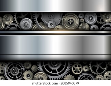 Fondo de tecnología de maquinaria plateada, diseño moderno de metal y engranajes, ilustración vectorial.