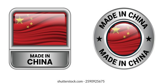 Silver Made in China Badge – Circular and Rectangular Design, Premium Quality Label, Product Origin Stamp, Manufacturing Certification Symbol Vector Illustration