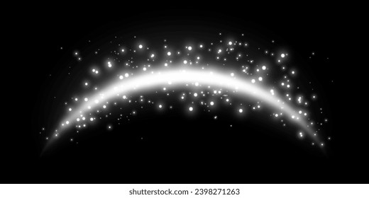 Silver magic arch with glowing particles, sunlight lens flare. Neon realistic energy flare arch.    
Abstract light effect on a black background. Vector illustration.