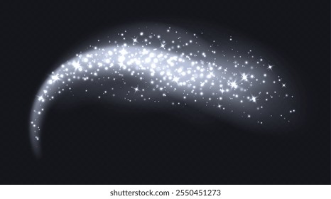 Silver magic cloud with sparkles, stardust sparkling background. Glowing glitter smoke trail.