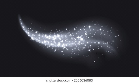 Silver magic cloud with sparkles, stardust sparkling background. Glowing glitter smoke trail.