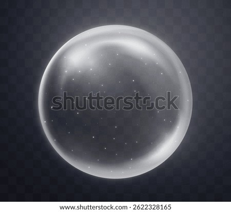 Silver magic fantasy sphere. Crystal ball with white glowing sparkles and particles. Energy orb with glow flare light effect. Isolated on transparent background. Vector illustration.