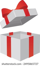 a silver magic gift box with a red bow
