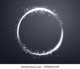 Anillo de halo mágico plateado con partículas brillantes, lente de luz solar. Sonido de energía realista neón. Efecto abstracto de la luz sobre un fondo transparente oscuro. Ilustración vectorial.