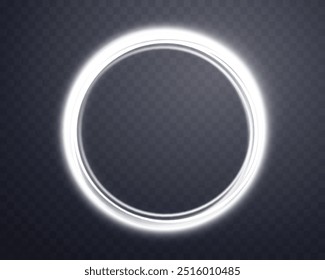 Silberner Zauberring mit Glühen. Neon realistische Energie Fackel Halo Ring. Abstrakter Lichteffekt auf dunklem, transparentem Hintergrund. Vektorgrafik.