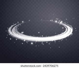 Silver magic ring with glowing sparkles. Neon realistic energy flare halo ring. Abstract light effect on a dark transparent background. Vector illustration.