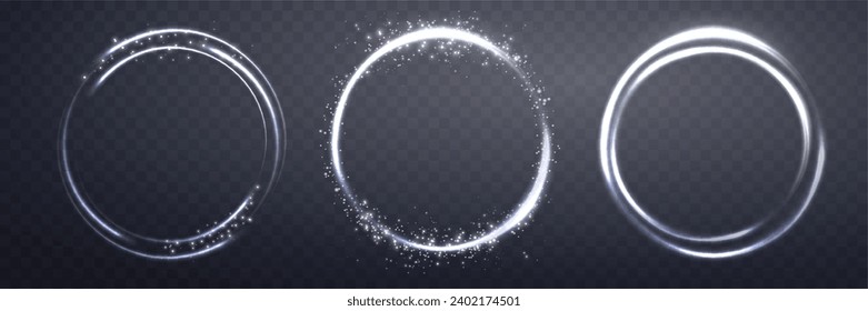 Silver magic rings set, with glowing particles. Neon realistic energy flare halo ring. Abstract light effect on a dark transparent background. Vector illustration.