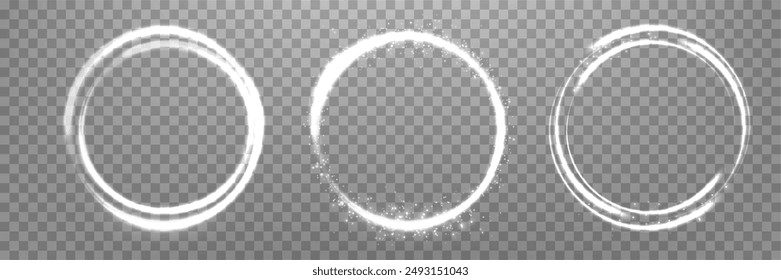 Silber magische Ringe gesetzt, mit glühenden Partikeln. Neon realistische Energie Flare Halo Ring. Abstrakter Lichteffekt auf einem durchsichtigen Hintergrund. Vektorillustration.