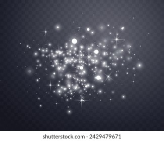 Chispas mágicas de plata y estrellas de polvo. Brillantes puntos, partículas, destellos. Efecto de luz de destello brillante. Puntos luminosos plateados. Partículas vectoriales sobre fondo transparente.