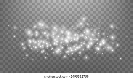 Silver magic sparks and dust stars. Glittering dots, particles, sparkles. Glow flare light effect. Silver luminous points. Vector particles on transparent background.