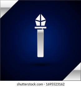 Silver Magic staff icon isolated on dark blue background. Magic wand, scepter, stick, rod.  Vector Illustration