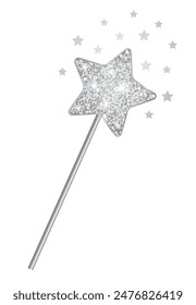 Silver magic wand with glitter and magic stars. 