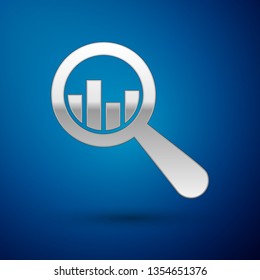 Silver Magnifying glass and data analysis icon isolated on blue background. Vector Illustration