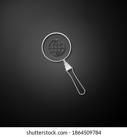 Silver Magnifying glass with globe icon isolated on black background. Analyzing the world. Global search sign. Long shadow style. Vector.