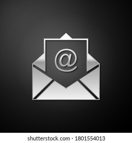 Silver Mail and e-mail icon isolated on black background. Envelope symbol e-mail. Email message sign. Long shadow style. Vector.