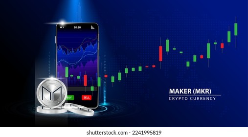 Silver Maker (MKR) Cryptocurrency blockchain. Online coin Blue background.  Smartphone Cryptocurrency Trading and playing stocks. Secure mobile banking finance. Vector illustration 3D.