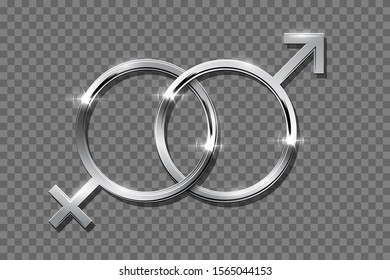 Silver male and female symbol vector illustration. Luxury sparkling round frames isolated on transparent background. Man and woman signs. Abstract circle chrome border, mars and venus design element