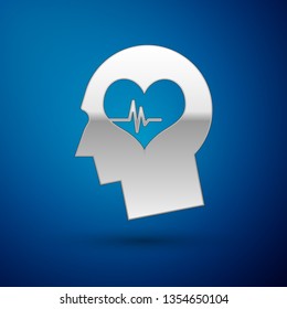 Silver Male head with a heartbeat icon isolated on blue background. Head with mental health, healthcare and medical sign. Vector Illustration