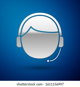 Silver Man with a headset icon isolated on blue background. Support operator in touch. Concept for call center, client support service.  Vector Illustration