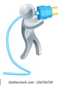 A silver man holding a big blue electric plug