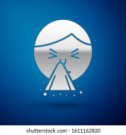 Silver Man holding handkerchief or napkin to his runny nose icon isolated on blue background. Coryza desease symptoms.  Vector Illustration