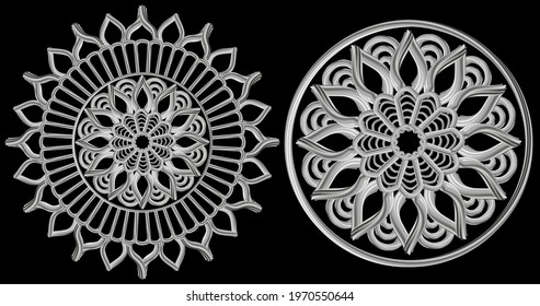 Silver mandala on black background. Silver mandala round ornament tribal ethnic pattern decorative element for card design. Vector abstract background.