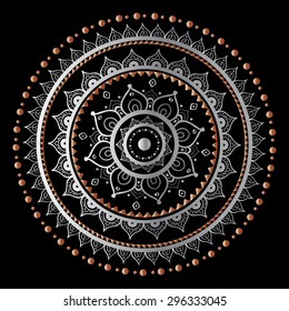Silver mandala on black background. Indian pattern
