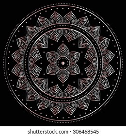 Silver mandala on black background. Indian pattern.