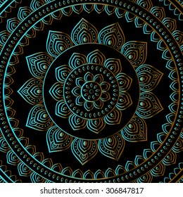 Silver mandala on black background. Indian pattern.